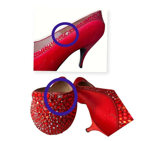 Vintage Delman Red Satin Rhinestone Heels 1950s Size 6B  Cocktail Pumps - Picture 11 of 15